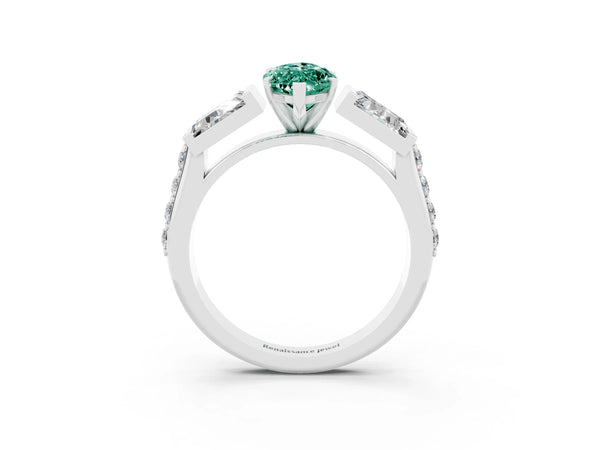 Silver Marquise Cut Green Sapphire Engagement Ring with Baguette Side Stones and Channel Set Band
