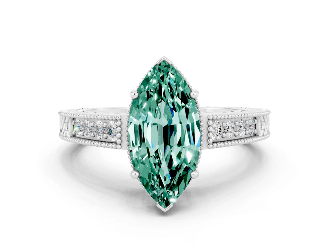White gold Marquise Cut Green Sapphire Engagement Ring with Milgrain Channel Set Band and Prong Setting