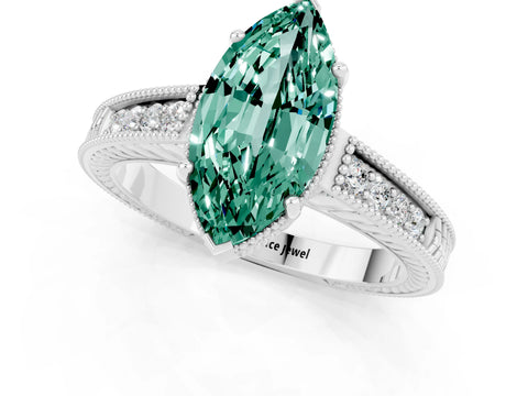 White gold Marquise Cut Green Sapphire Engagement Ring with Milgrain Channel Set Band and Prong Setting_1