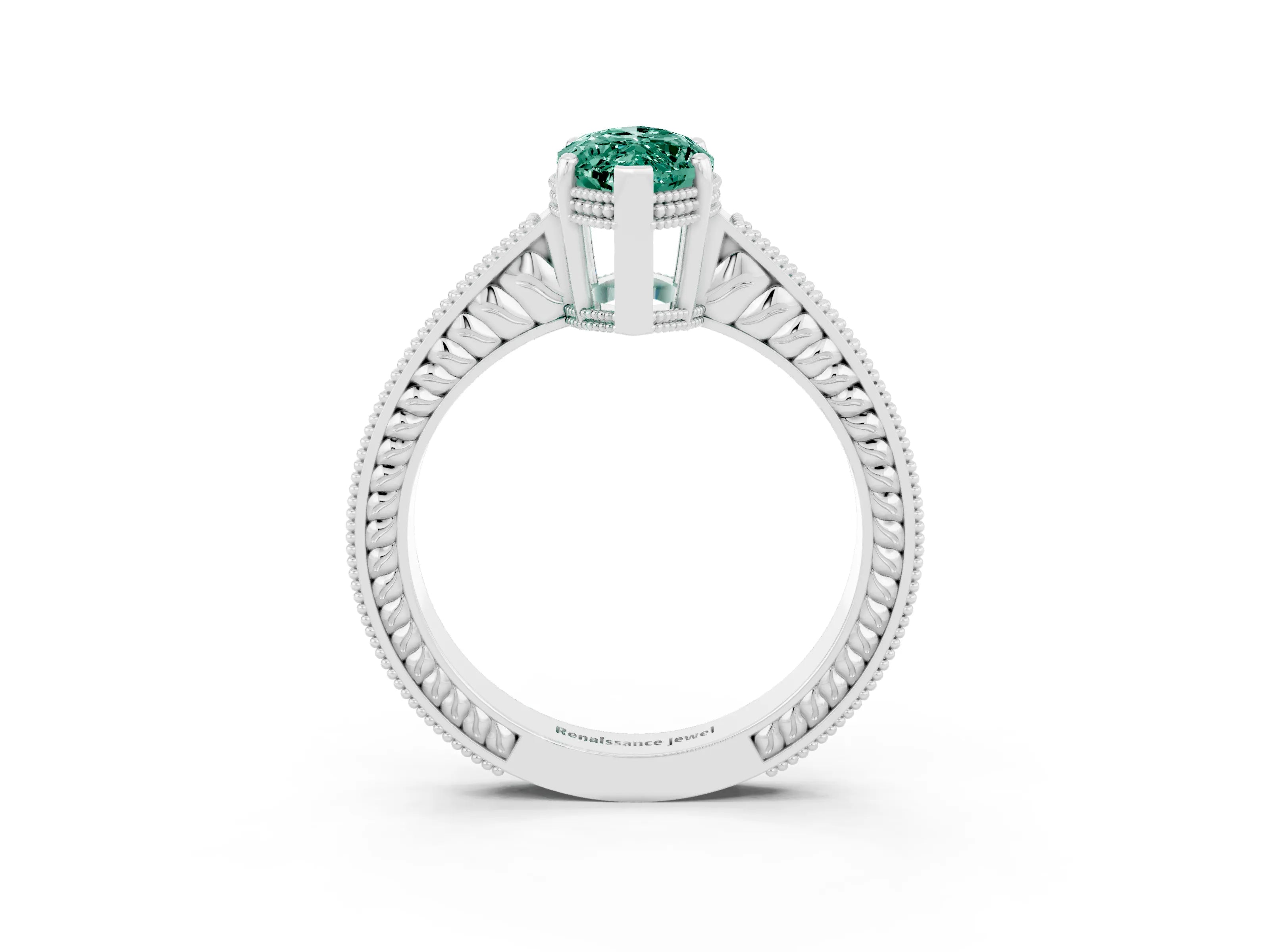White gold Marquise Cut Green Sapphire Engagement Ring with Milgrain Channel Set Band and Prong Setting_3