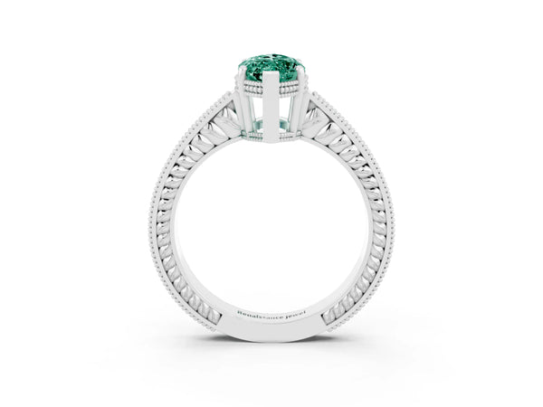Platinum Marquise Cut Green Sapphire Engagement Ring with Milgrain Channel Set Band and Prong Setting