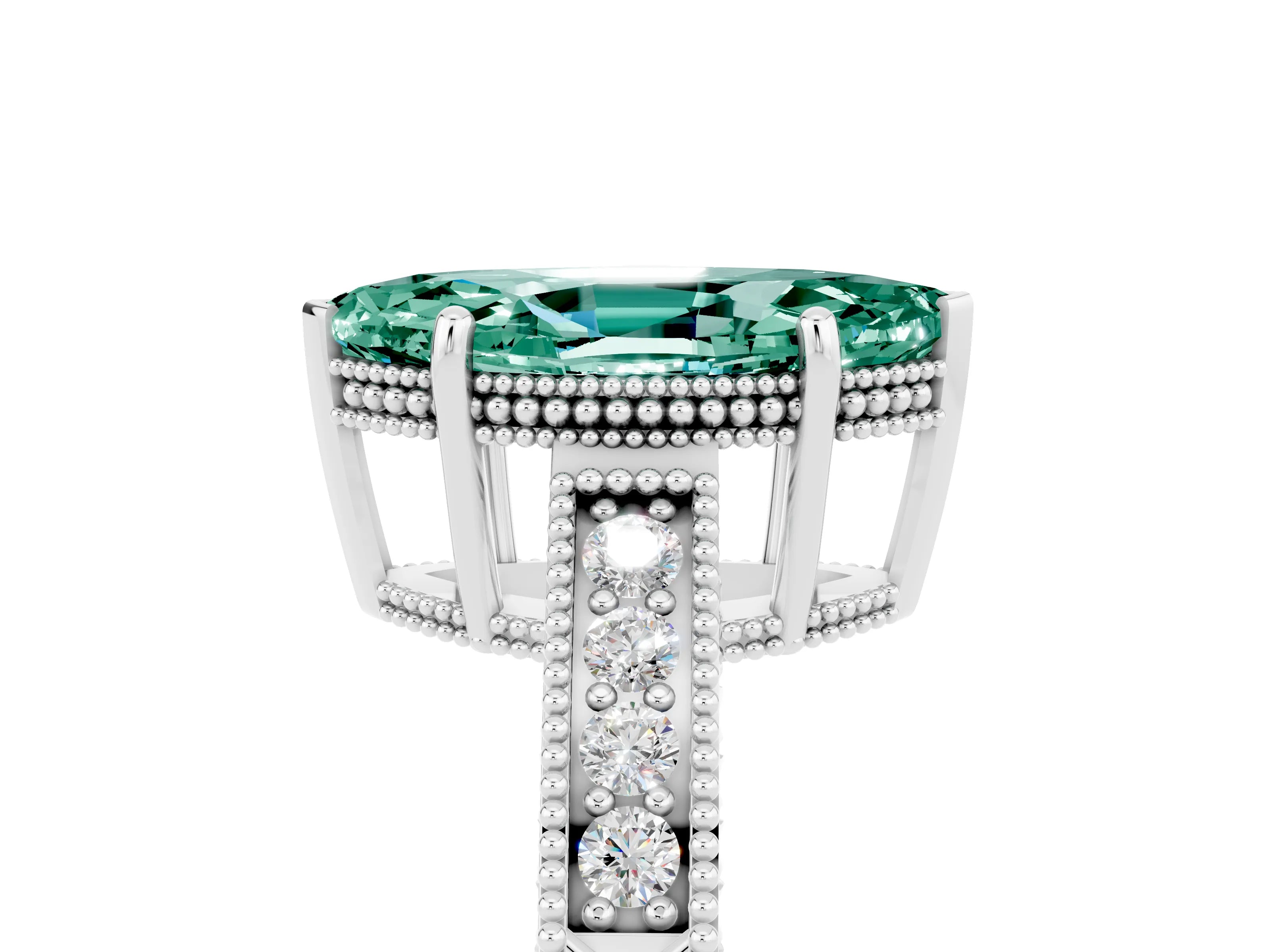 White gold Marquise Cut Green Sapphire Engagement Ring with Milgrain Channel Set Band and Prong Setting_5
