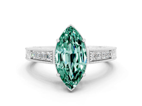 White gold Marquise Cut Green Sapphire Engagement Ring with Milgrain Channel Set Band and Prong Setting