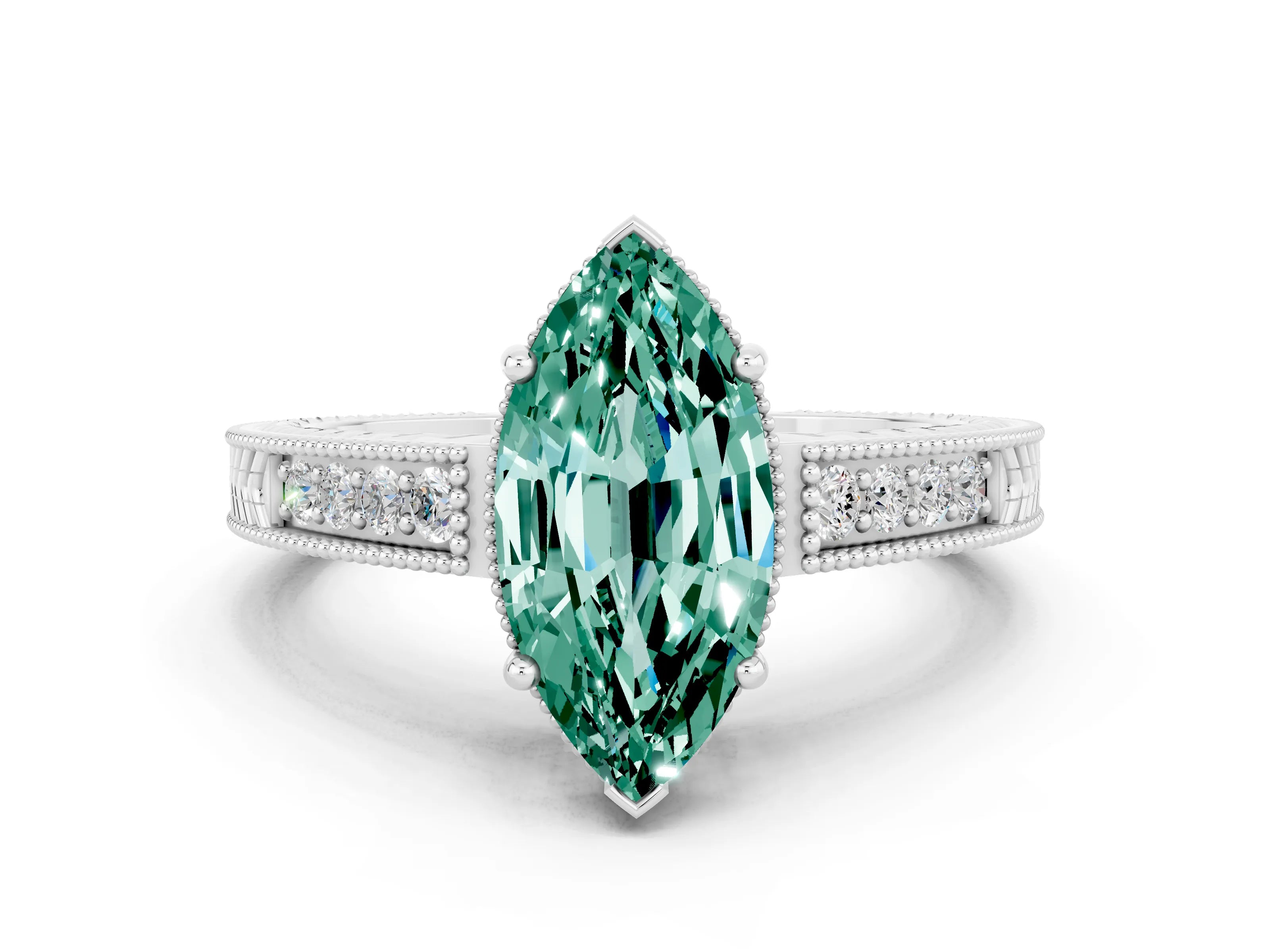 White gold Marquise Cut Green Sapphire Engagement Ring with Milgrain Channel Set Band and Prong Setting