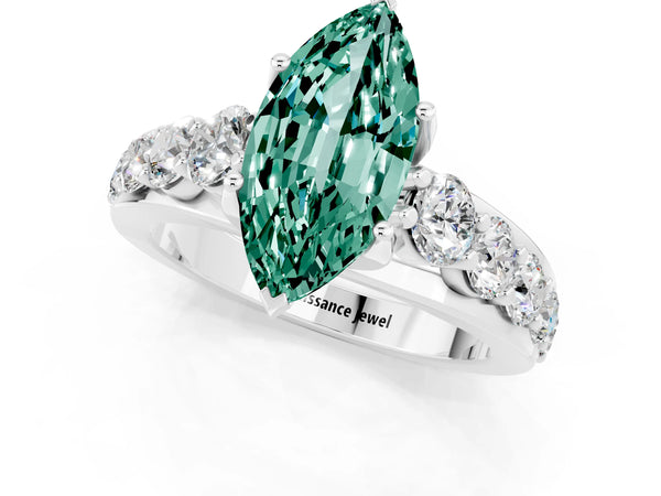 White gold Marquise Cut Green Sapphire Engagement Ring with Pavé Band and Four-Prong Setting