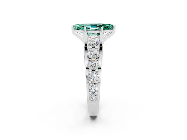 White gold Marquise Cut Green Sapphire Engagement Ring with Pavé Band and Four-Prong Setting