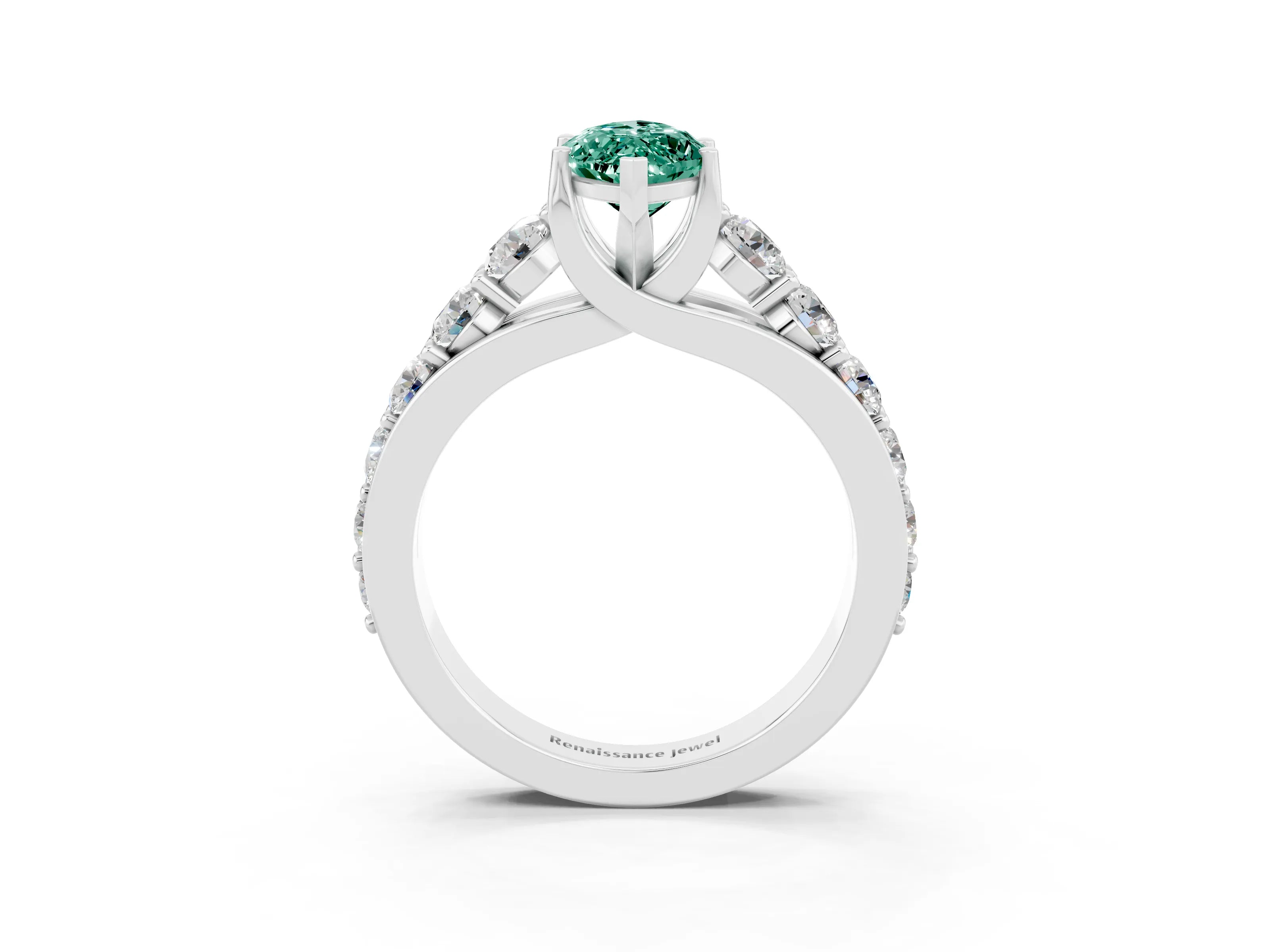 White gold Marquise Cut Green Sapphire Engagement Ring with Pavé Band and Four-Prong Setting_3
