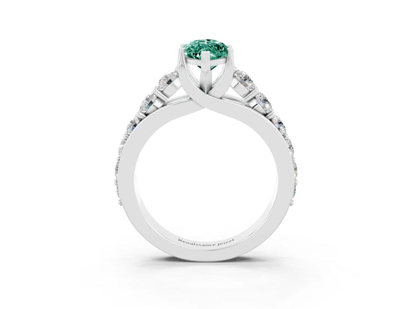 White gold Marquise Cut Green Sapphire Engagement Ring with Pavé Band and Four-Prong Setting