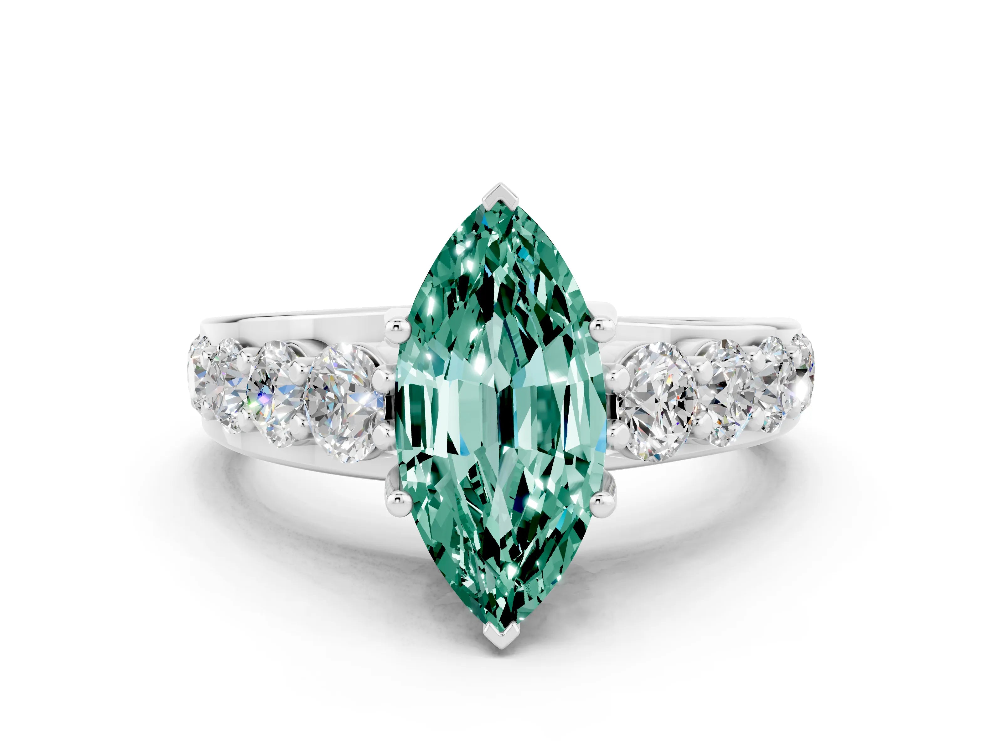 White gold Marquise Cut Green Sapphire Engagement Ring with Pavé Band and Four-Prong Setting