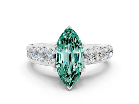 White gold Marquise Cut Green Sapphire Engagement Ring with Pavé Band and Four-Prong Setting