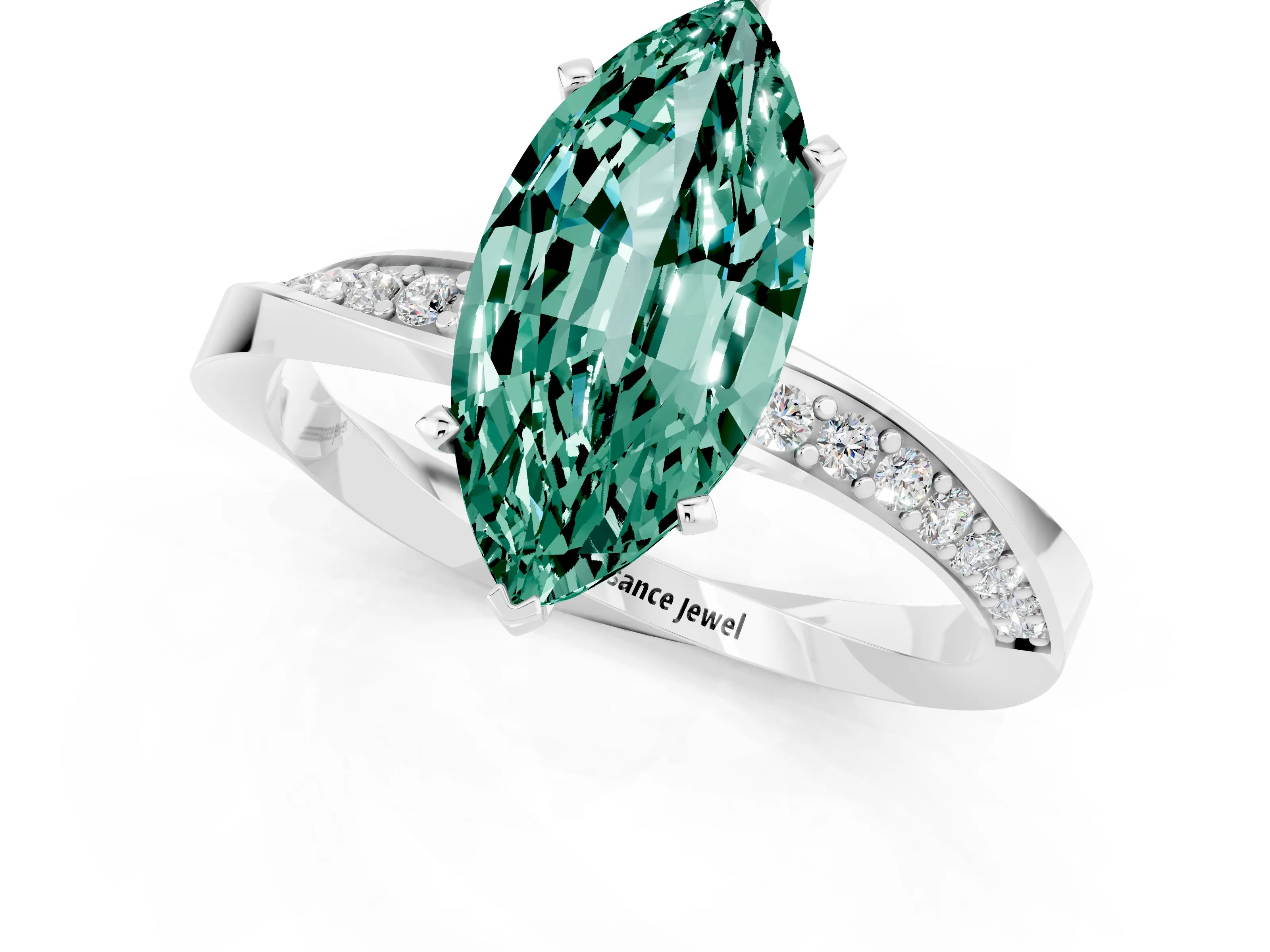 White gold Marquise Cut Green Sapphire Engagement Ring with Side Stone Accents and Four-Prong Setting_28