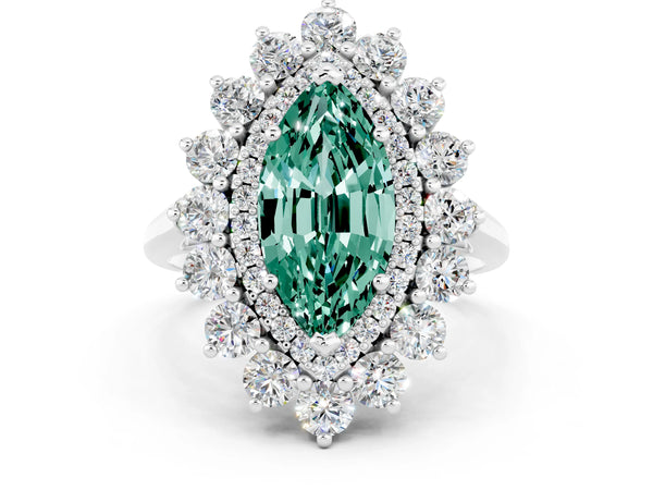 White gold Marquise Cut Green Sapphire Floral Double Halo Engagement Ring with Prong Setting