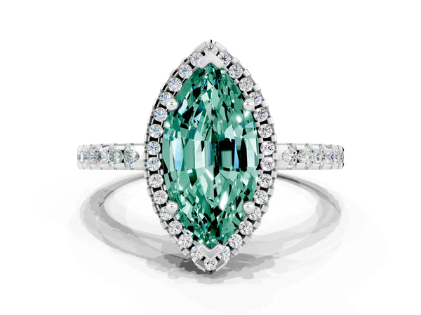 Silver Marquise Cut Green Sapphire Halo Engagement Ring with Pavé Band and Prong Setting