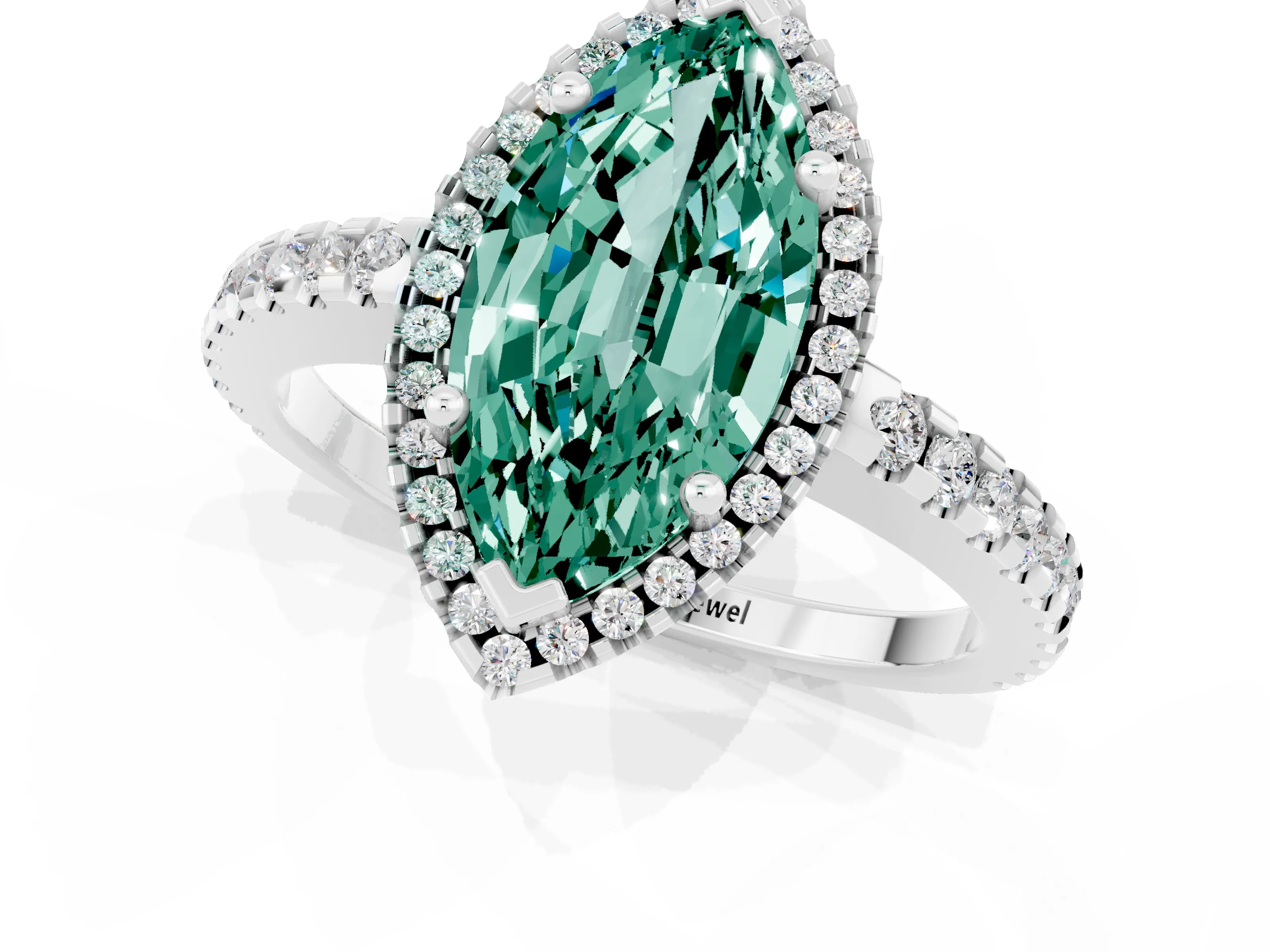 White gold Marquise Cut Green Sapphire Halo Engagement Ring with Pavé Band and Prong Setting_13