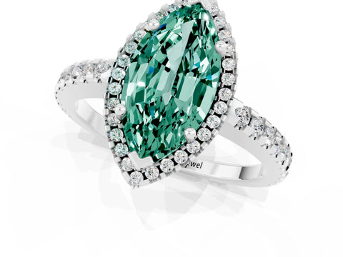 White gold Marquise Cut Green Sapphire Halo Engagement Ring with Pavé Band and Prong Setting_13