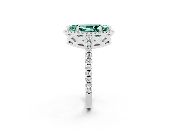 Platinum Marquise Cut Green Sapphire Halo Engagement Ring with Pavé Band and Prong Setting