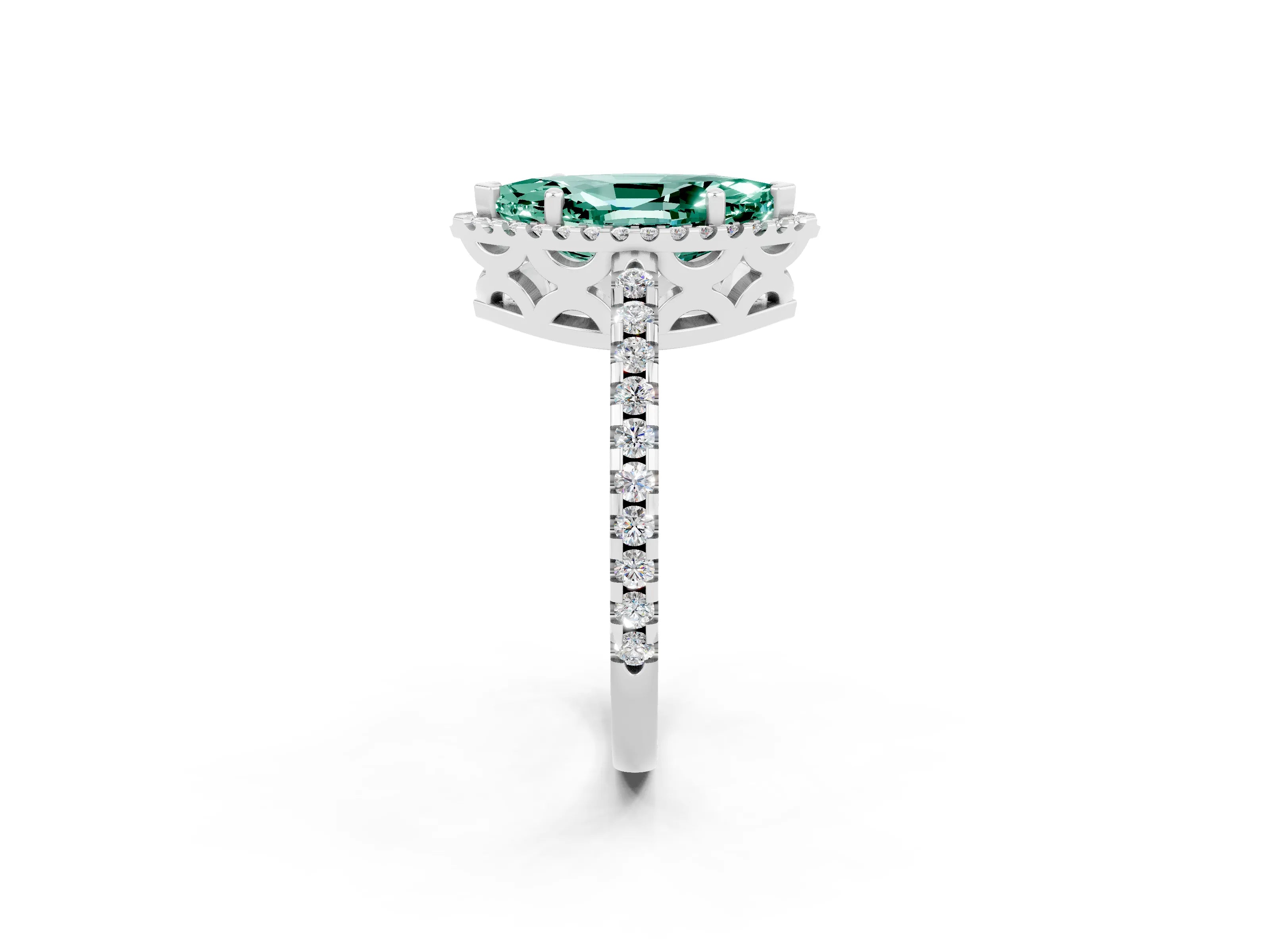 White gold Marquise Cut Green Sapphire Halo Engagement Ring with Pavé Band and Prong Setting_14
