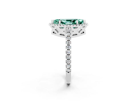 White gold Marquise Cut Green Sapphire Halo Engagement Ring with Pavé Band and Prong Setting_14