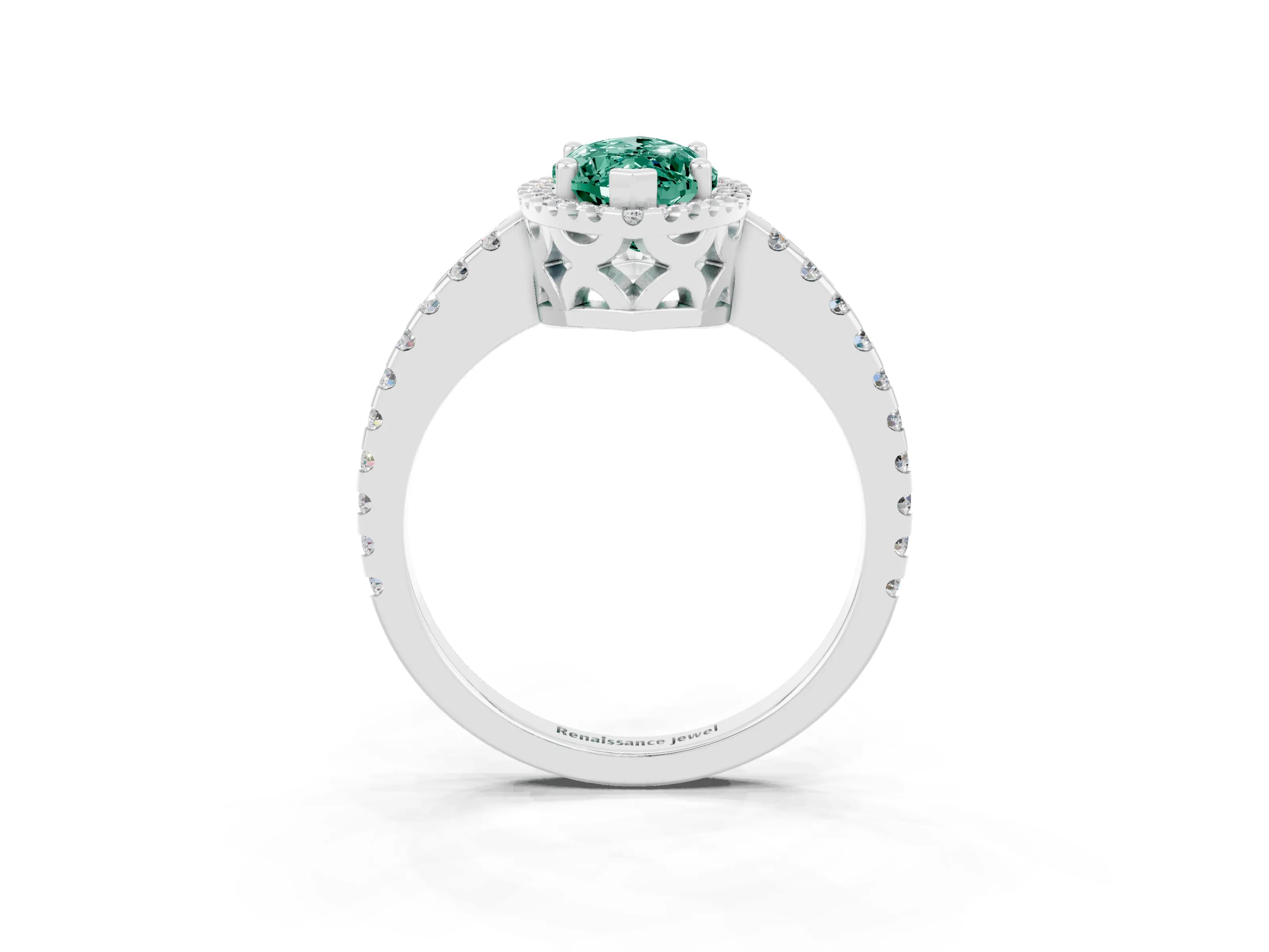 White gold Marquise Cut Green Sapphire Halo Engagement Ring with Pavé Band and Prong Setting_15