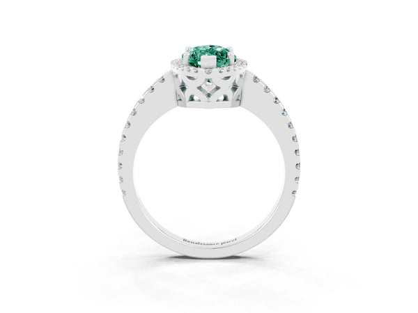 Silver Marquise Cut Green Sapphire Halo Engagement Ring with Pavé Band and Prong Setting