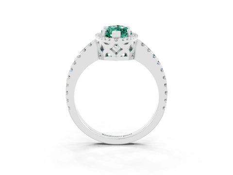 White gold Marquise Cut Green Sapphire Halo Engagement Ring with Pavé Band and Prong Setting_15