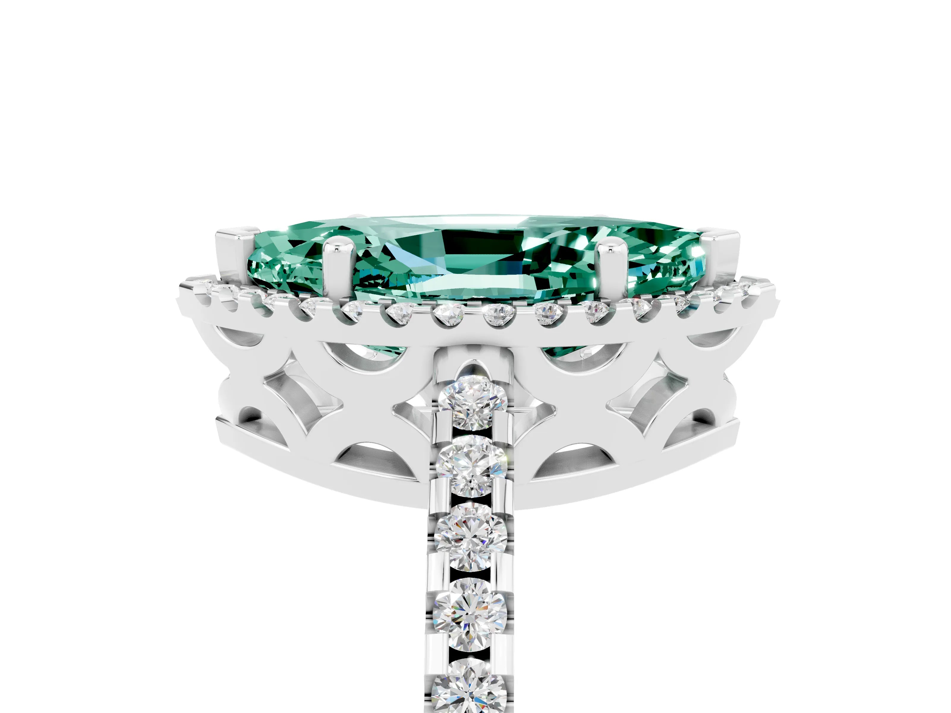 White gold Marquise Cut Green Sapphire Halo Engagement Ring with Pavé Band and Prong Setting_17