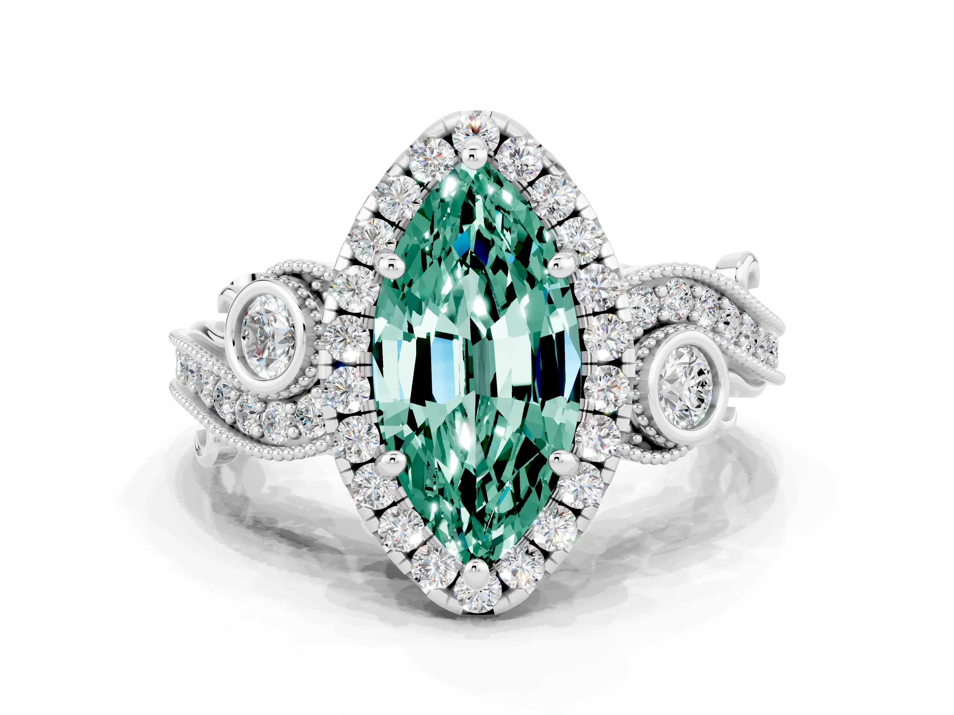 White gold Marquise Cut Green Sapphire Halo Ring with Milgrain Pavé Band and Four-Prong Setting_12