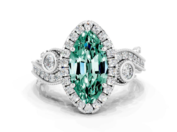 Platinum Marquise Cut Green Sapphire Halo Ring with Milgrain Pavé Band and Four-Prong Setting