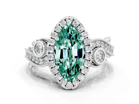 White gold Marquise Cut Green Sapphire Halo Ring with Milgrain Pavé Band and Four-Prong Setting_12