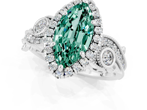 Platinum Marquise Cut Green Sapphire Halo Ring with Milgrain Pavé Band and Four-Prong Setting