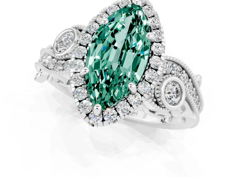 White gold Marquise Cut Green Sapphire Halo Ring with Milgrain Pavé Band and Four-Prong Setting_13