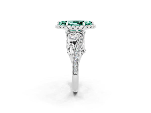 Silver Marquise Cut Green Sapphire Halo Ring with Milgrain Pavé Band and Four-Prong Setting