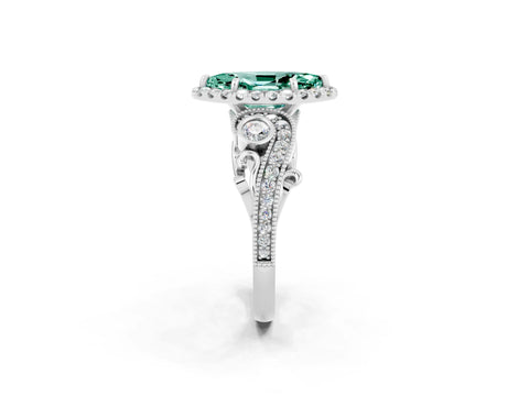 White gold Marquise Cut Green Sapphire Halo Ring with Milgrain Pavé Band and Four-Prong Setting_14