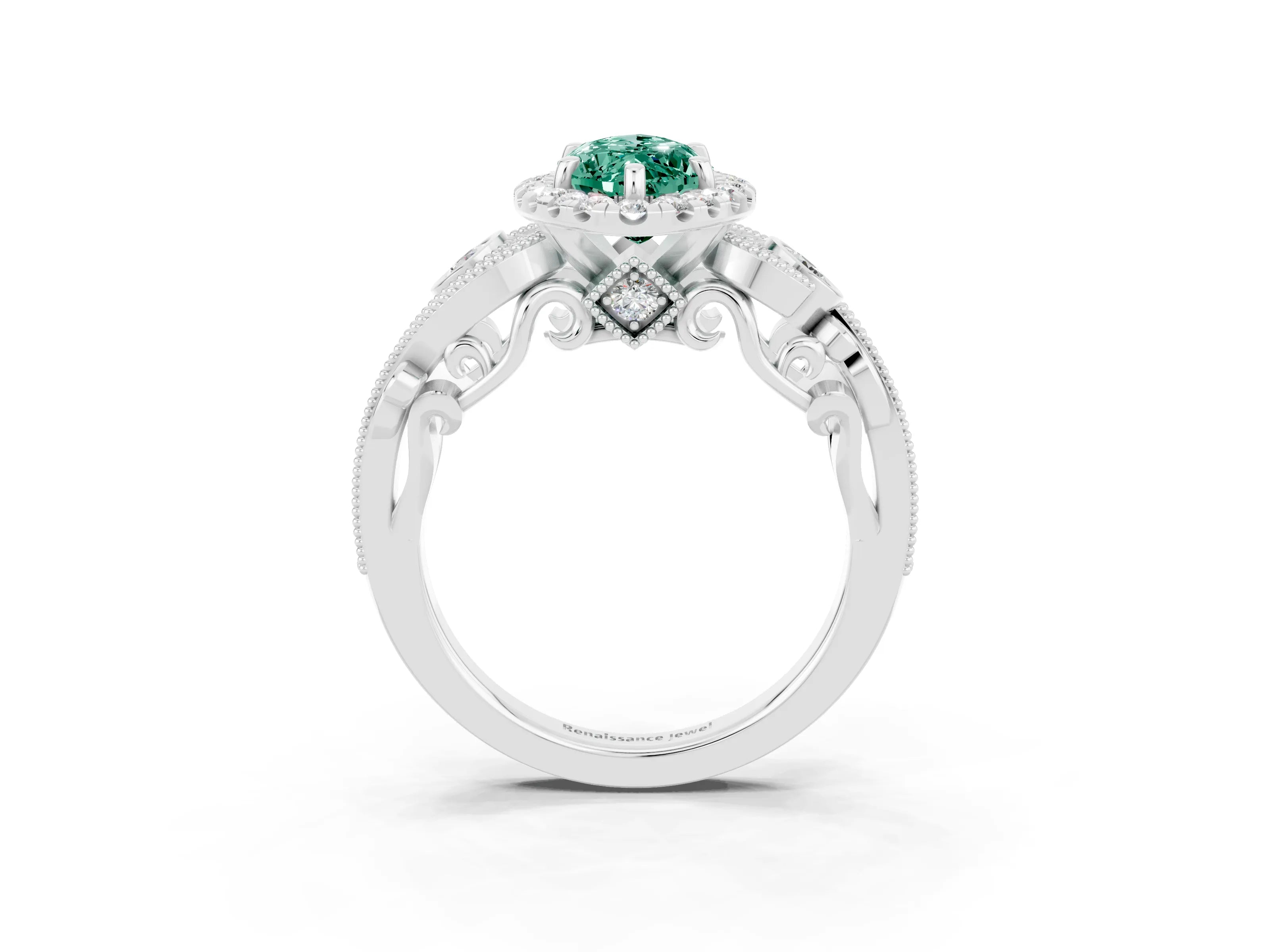 White gold Marquise Cut Green Sapphire Halo Ring with Milgrain Pavé Band and Four-Prong Setting_15