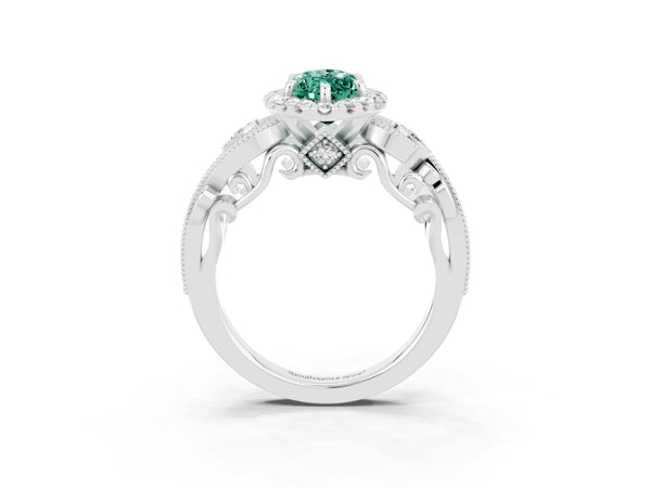 Silver Marquise Cut Green Sapphire Halo Ring with Milgrain Pavé Band and Four-Prong Setting