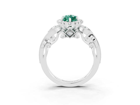 White gold Marquise Cut Green Sapphire Halo Ring with Milgrain Pavé Band and Four-Prong Setting_15