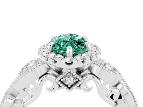 White gold Marquise Cut Green Sapphire Halo Ring with Milgrain Pavé Band and Four-Prong Setting_16