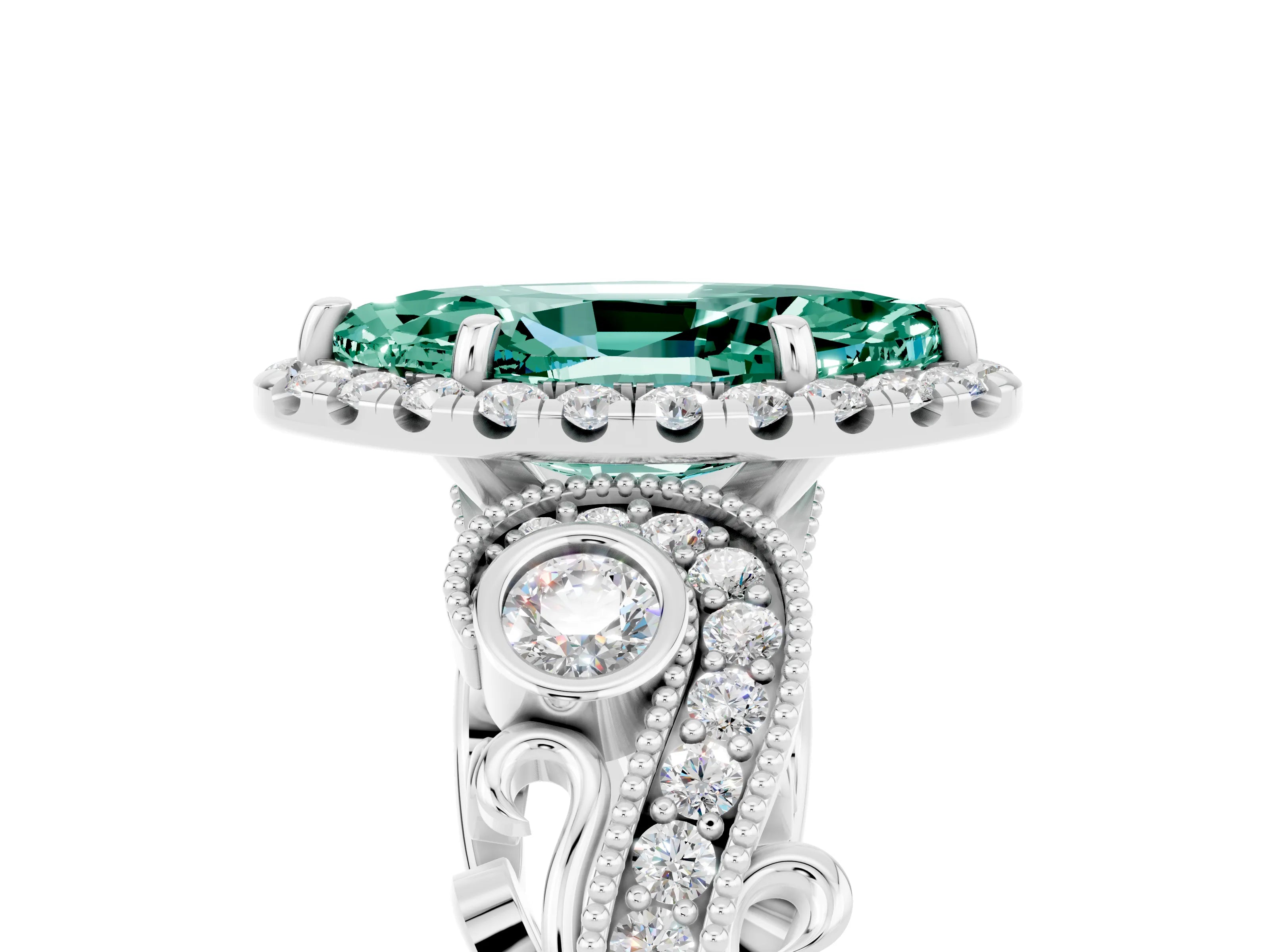 White gold Marquise Cut Green Sapphire Halo Ring with Milgrain Pavé Band and Four-Prong Setting_17