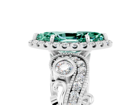 White gold Marquise Cut Green Sapphire Halo Ring with Milgrain Pavé Band and Four-Prong Setting_17