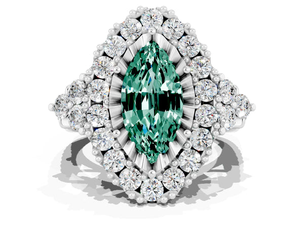White gold Marquise Cut Green Sapphire Halo Ring with Pavé Band and Four-Prong Setting