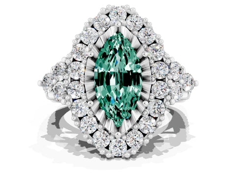 White gold Marquise Cut Green Sapphire Halo Ring with Pavé Band and Four-Prong Setting_12