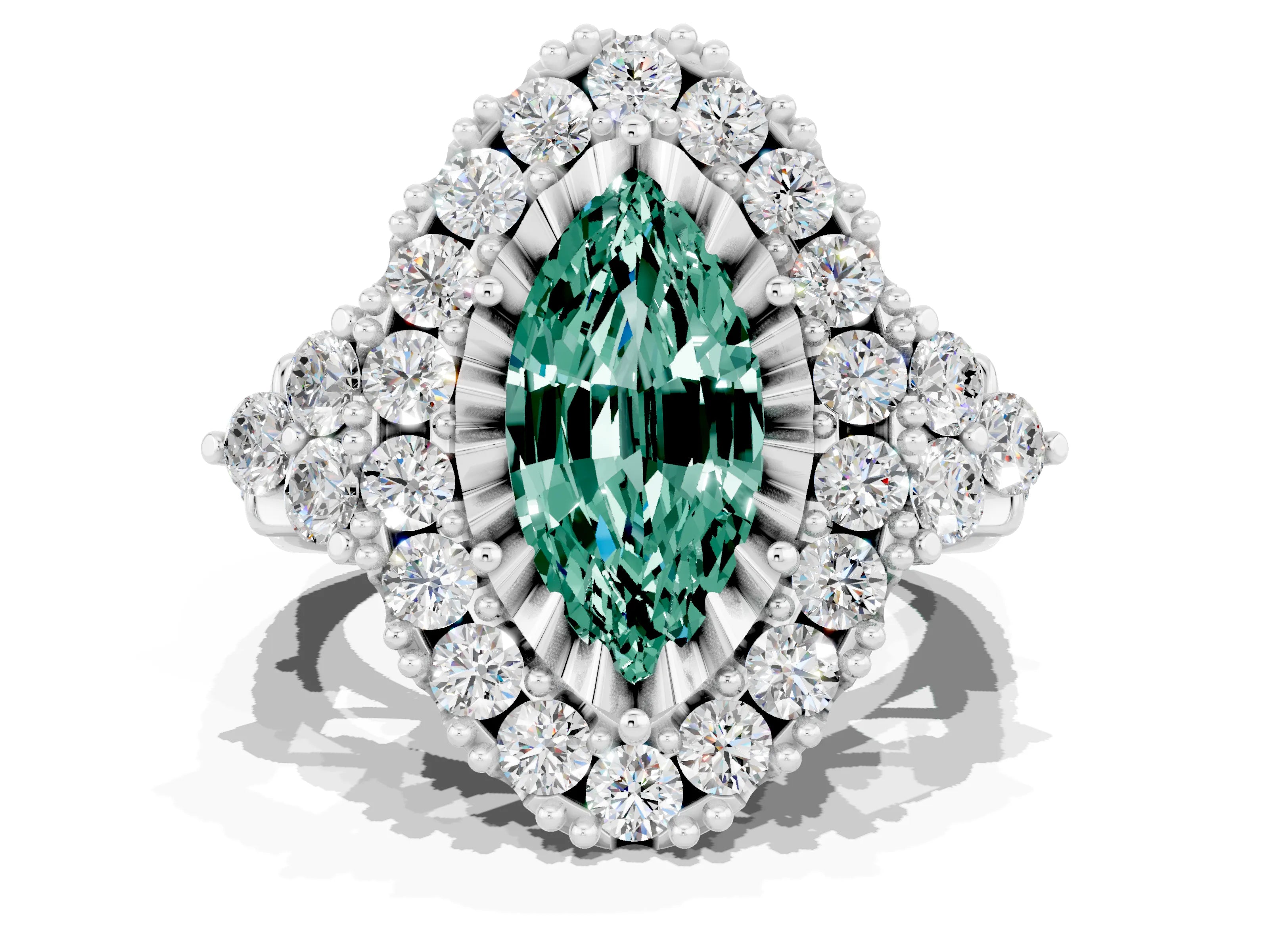 White gold Marquise Cut Green Sapphire Halo Ring with Pavé Band and Four-Prong Setting_12