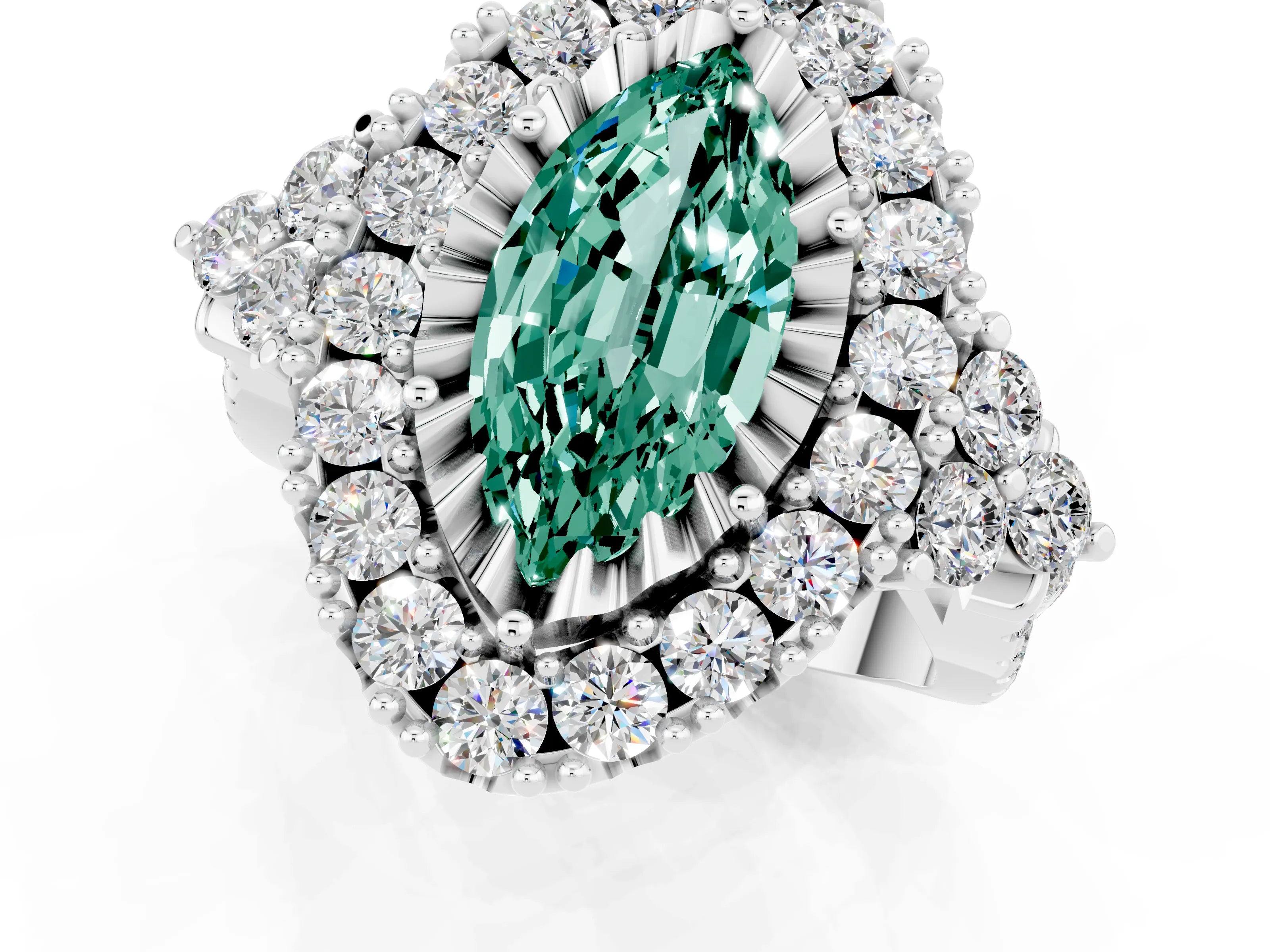 White gold Marquise Cut Green Sapphire Halo Ring with Pavé Band and Four-Prong Setting_13