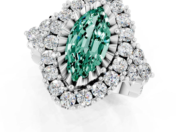 Platinum Marquise Cut Green Sapphire Halo Ring with Pavé Band and Four-Prong Setting