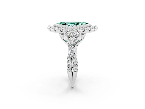 Platinum Marquise Cut Green Sapphire Halo Ring with Pavé Band and Four-Prong Setting