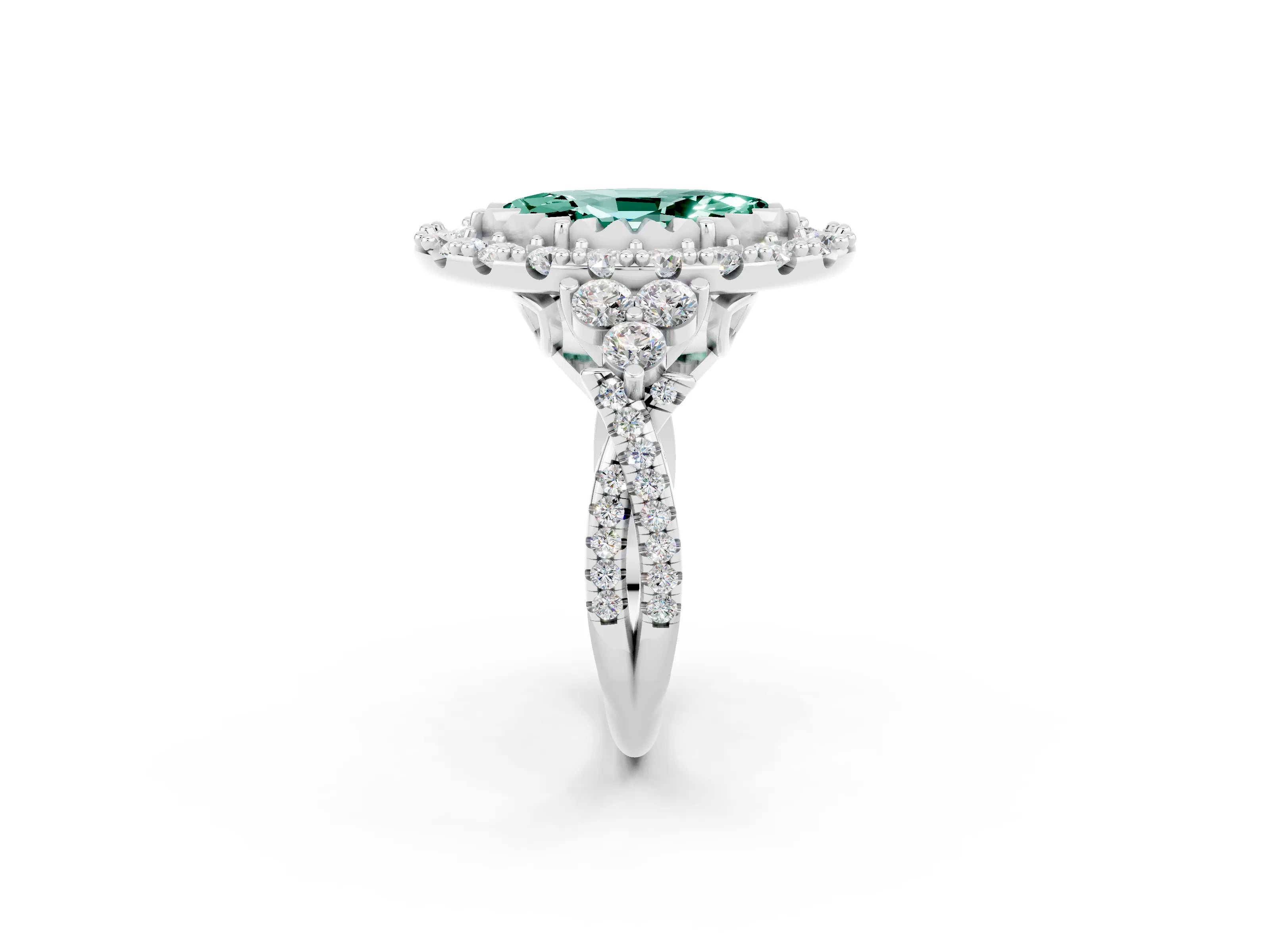 White gold Marquise Cut Green Sapphire Halo Ring with Pavé Band and Four-Prong Setting_14