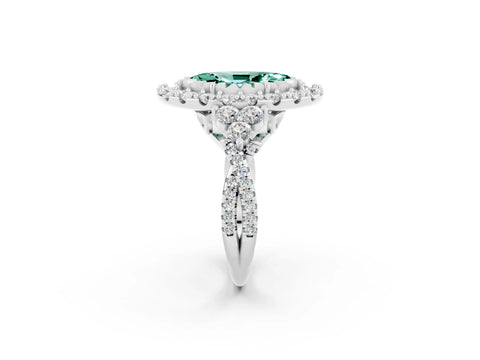 White gold Marquise Cut Green Sapphire Halo Ring with Pavé Band and Four-Prong Setting_14