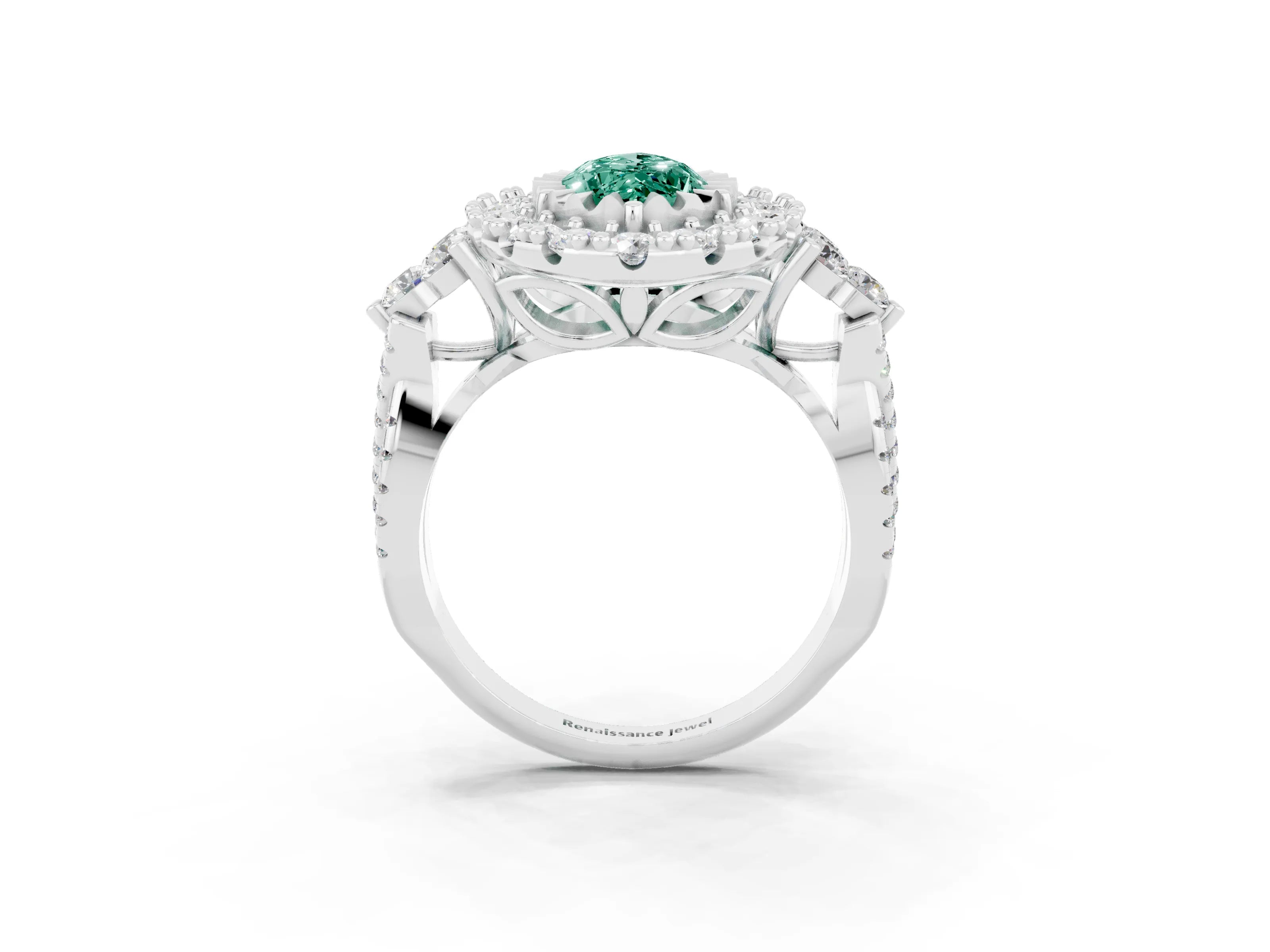 White gold Marquise Cut Green Sapphire Halo Ring with Pavé Band and Four-Prong Setting_15
