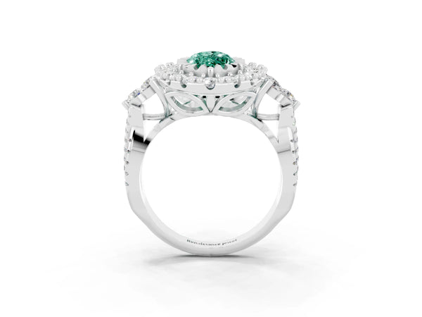 White gold Marquise Cut Green Sapphire Halo Ring with Pavé Band and Four-Prong Setting