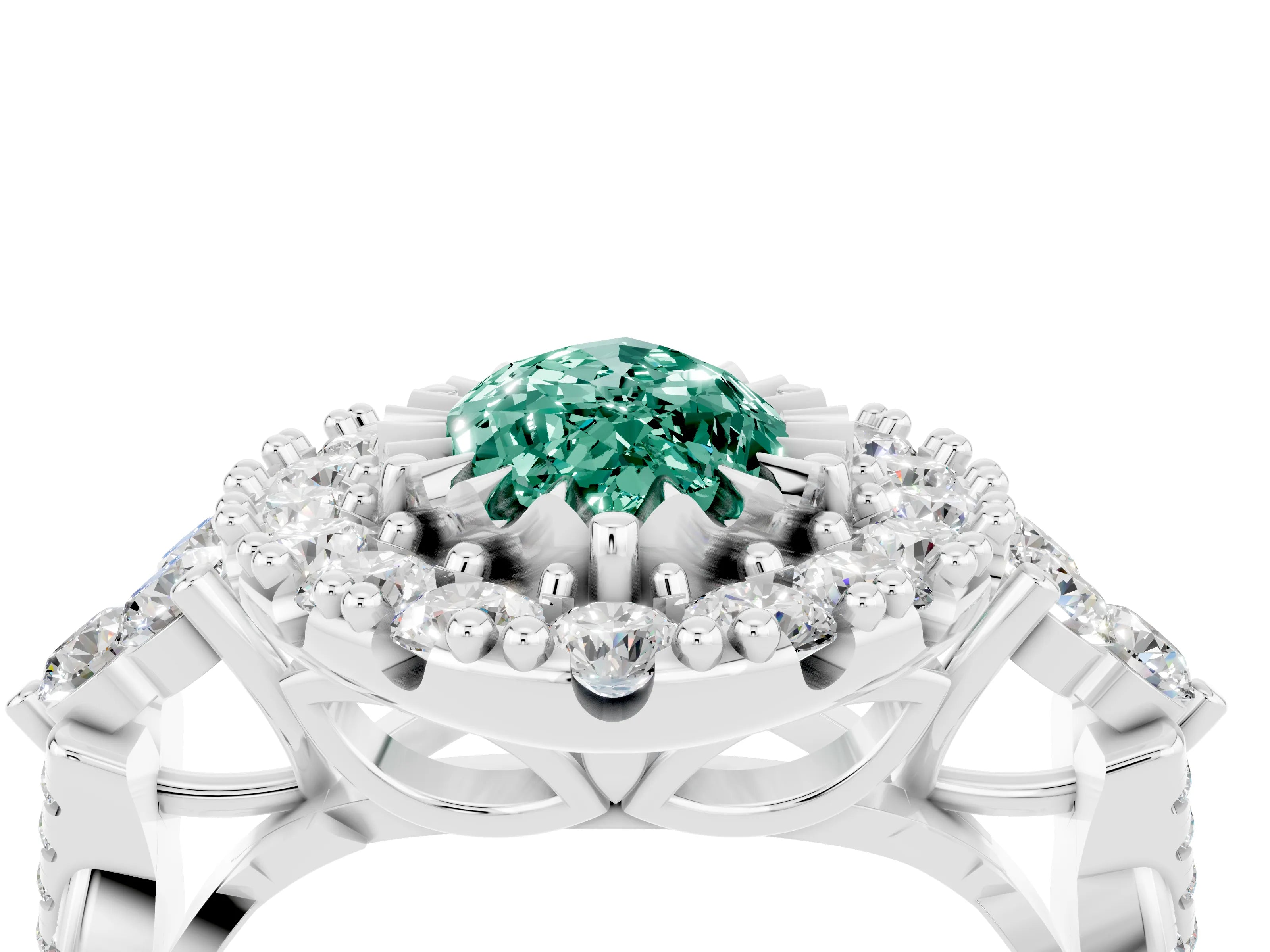 White gold Marquise Cut Green Sapphire Halo Ring with Pavé Band and Four-Prong Setting_16
